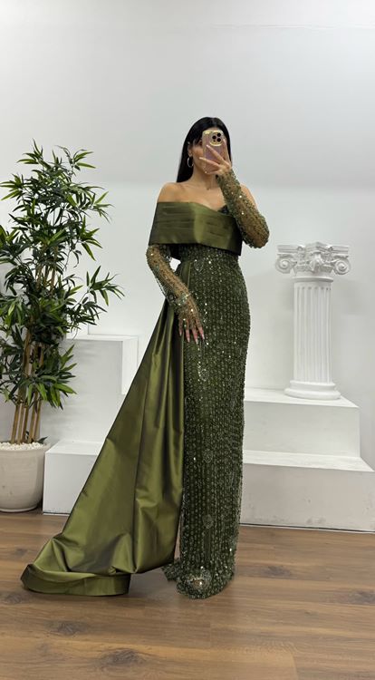 Haki Kayık Yaka İşlemeli Abiye Elbise